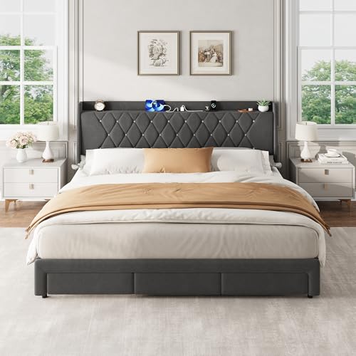 Garvee King Size Bed Frame with Storage, Velvet Upholstered Platform Bed Frame with Crystal Tufted Headboard, Charging Station, 3 Drawers, No Box Spring Needed, Noise-Free,for Bedroom, Dark Gray | Velvet Upholstered Platform Bed Frame with Crystal Tufted
