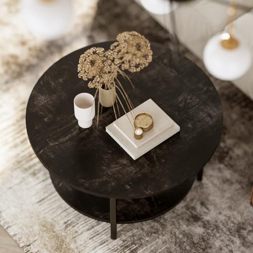 FABATO 26.77” Round Lift Top Coffee Table with Storage, Black Oak | Farmhouse Coffee Table, 2 Tier Small Round Center Table, Center Table for Living Room, Circle Dining Table - color: Black Oak