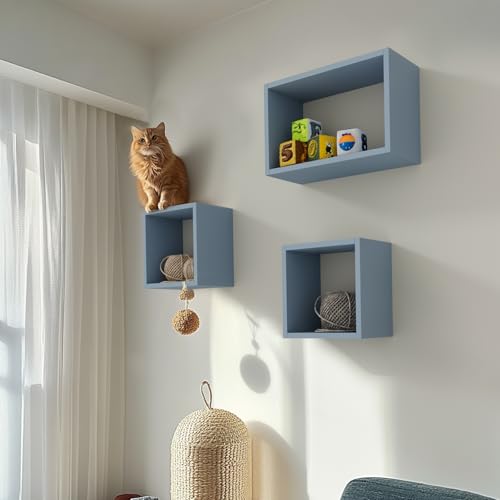 Wall Mount Shelf Set of 3, Floating Cube Shelves for Space Discovery Home and Commercial Use, Large Size Shelves Set, Peace Blue - color: Peace Blue, size: Set3