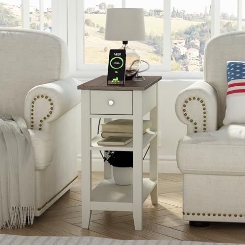 ChooChoo Farmhouse End Table with Charging Station | Narrow Side Table Living Room, USB Ports & Power Outlets, Hidden Drawer, White and Brown - color: Farmhouse White