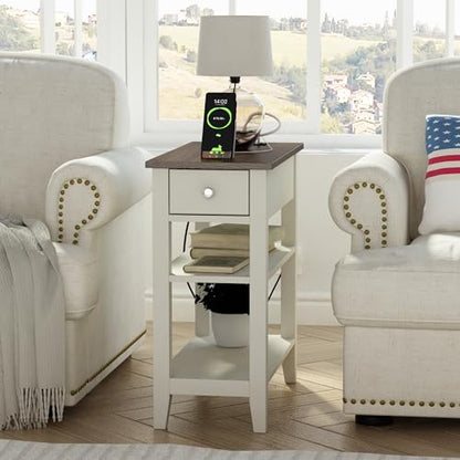 ChooChoo Farmhouse end Table Set of 2 with Charging Station | Sofa Side Table Living Room, Charging Station, Narrow Night Stand, USB Ports & Power Outlets, Hidden Drawer,White and Brown - color: Farmhouse White