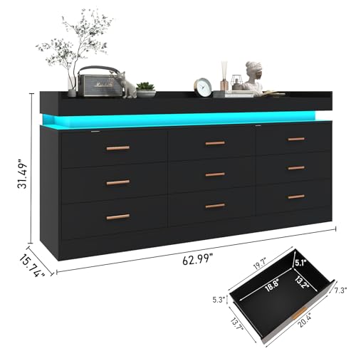 jiteentarou 9 Drawer Dresser with Charging Station and LED Lights, Modern Chest of Drawers with Power Outlet, Organizer Cabinet for Bedroom, Living Room, Entryway, Black - color: Black, size: 15.7"D x 63"W x 31.5"H (9 Drawers)