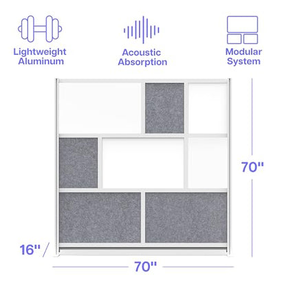 Room Divider for Office Privacy – Modular Freestanding Partition with Whiteboard, PET Acoustic Panel, and Frosted Acrylic, Workflow Multi-Functional Wall, Gray Frame, Easy Assembly (70” x 70”) - size: 70" x 70"