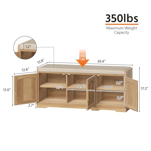 39.4" Shoe Storage Bench with Seating Cushion, Fluted 2-Tier Entryway Bench with 3 Doors & Adjustable Shelves, Shoe Cabinet Bench for Entryway, Hallway, Bedroom and Living Room - color: Natural