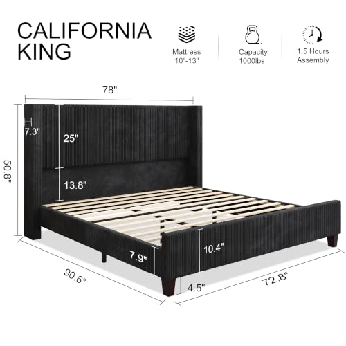 California King Size Bed Frame with Corduroy Wingback Headboard, Black | Modern Upholstered Platform Bed, 50.8 Inch Tall Profile, Solid Wood Slats, No Box Spring Needed, Noise-Reducing Designrt - color: Black, size: California King