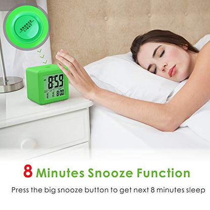 Plumeet Digital Alarm Clock Kids with Snooze and Nightlight - Easy Setting Silicone Clock Display Time, Date - Loud Alarm Clock for Bedroom - Battery Powered (Green) - color: Green