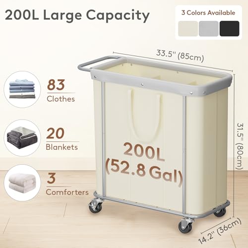 Lifewit 200L Rolling Laundry Basket with Steel Frame, Removable Bag, White | 3 Section Laundry Hamper with Rubber Wheels, Waterproof Large Laundry Cart, Sturdy Steel Base for Luandry Room, Bedroom - color: White, size: 200L