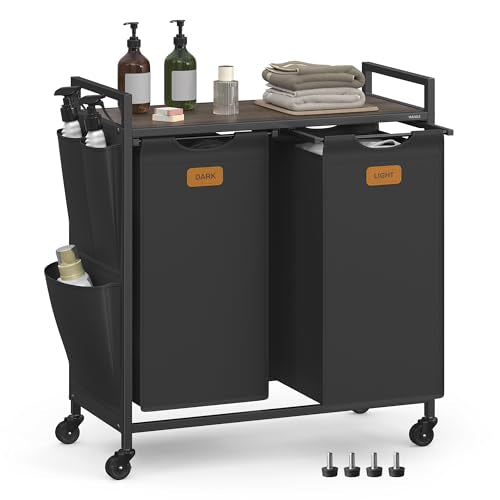 VASAGLE Laundry Hamper, Laundry Sorter Rolling Cart with Shelves, Small Side Pockets, 6 Labels, 2 Compartments, 26.4 Gal. (100 L), Ink Black and Ash Brown UBLH222BH01 - color: Ink Black + Ash Brown, size: 2 Bags