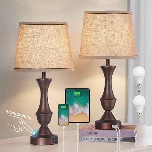Luvkczc Touch Table Lamps Set of 2, 22" Tall Bedside Lamps with USB C+A Ports, Dimmable Table Lamp, Nightstand Lamps for Bedroom, Living Room, Office, Brown Lamps with Beige Lampshade, Bulbs Included | Dimmable Table Lamp, Nightstand lamps for Bedroom, Li