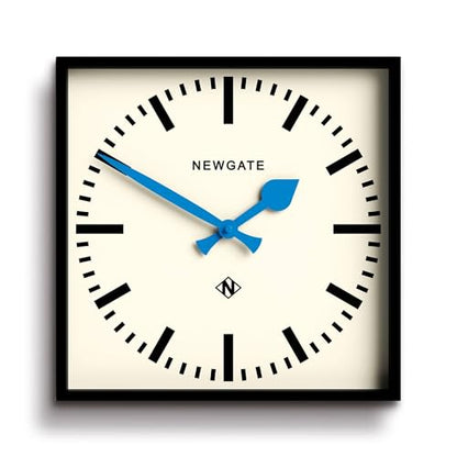 NEWGATE® Number Five wall Clock | Square Retro Inspired Modern Station Clock | 16" | Black with Blue Hands | Mid-Century Style for Kitchen, Living Room or Office - color: Blue