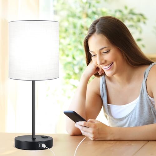 Lynnoland Set of 2 Touch Control Table Lamps with 2 USB & AC Outlet, 3-Way Dimmable Bedside Nightstand Lamps for Bedroom Living Room Nursery, 800 Lumens 5000K Daylight Bulbs Included - color: (2 Pack)White & Matte Black(Base)-5000K Bulbs Included