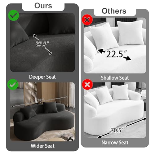 79" Curved Loveseat, Boneless Deep Seat Boucle Cloud Sofa, Black | Curved boneless design, deep plush seating, soft boucle upholstery and 2 pillows deliver cloud-like comfort for living rooms. - color: Black