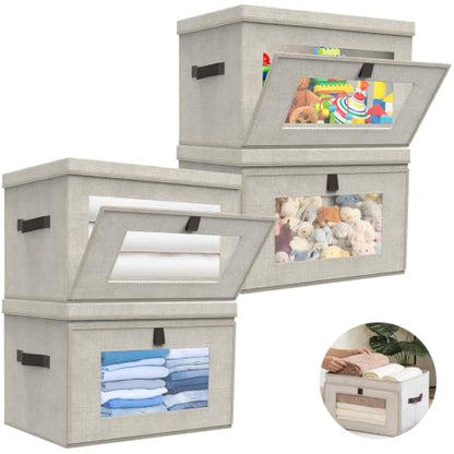 Magnetic Front Opening Fabric Storage Bins with Lids,16.5x11.8x11 in,4Pack | Domsanistor 35L Storage Box with Window for Closet, Shelf, Living Room,Beige - size: 16.9 Inch - 4 Pack