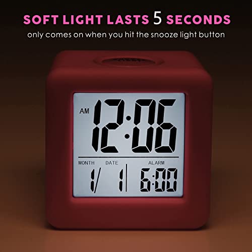 Plumeet Digital Alarm Clock Kids Clock with Snooze and White Nightlight - Easy Setting Travel Alarm Clocks Display Time, Date, Alarm - Ascending Sound - Battery Powered (Baby Pink) - color: Baby Pink