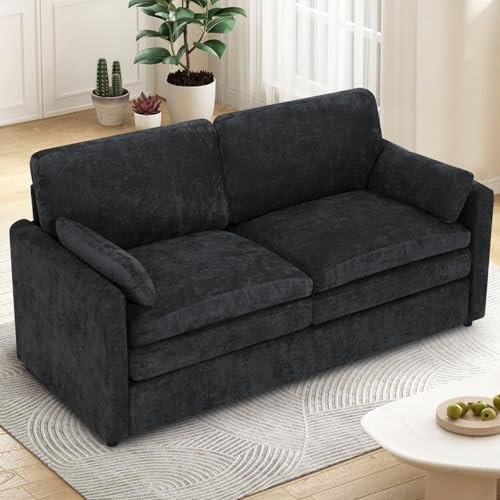3 Pieces Chenille Sofa Set w/Two Arm Pillows, Black | Upholstered Loveseat & 2 Pieces 3-Seater Sofa w/Soft Cushions, Modern 2-Seat & 3-Seat w/High-Density Foam for Living Room - color: Black, size: 69" & 89" & 89" Sofa Set