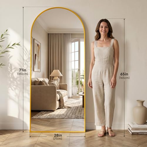 71"×28" Arched Full Length Floor Mirror, Standing Mirror with Aluminum Frame, Large Body Mirror of Free Standing/Wall Mount/Leaning for Bedroom, Living Room, Dressing Room, Gold - color: Gold, size: 71"L x 28"W