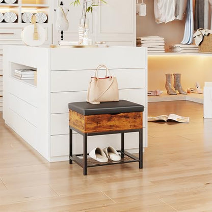 Shoe Storage Bench, Small Ottoman with Storage, Padded Seat, Brown