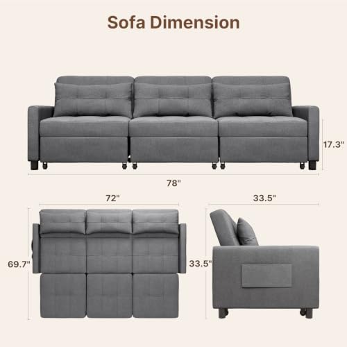Aiho 78 Inch Sectional Sleeper Sofa, Pull Out Couch, Dark Grey | Pull-out Sleeper with Adjustable Backrest and Ottoman for Flexible Seating and Sleeping in Living Rooms or Guest Rooms - size: 3 Seater