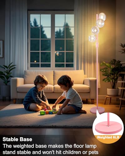 Lightdot 64IN Dimmable Floor Lamp with Globe Clear Glass Shade, Modern Pink Standing Lamps with 4PCS 3000K Bulbs Included,LED Floor Lamp with 5Lbs Heavy Base for Living Room Bedroom//Sofa Beside - color: 4 Clear Globe-Pink