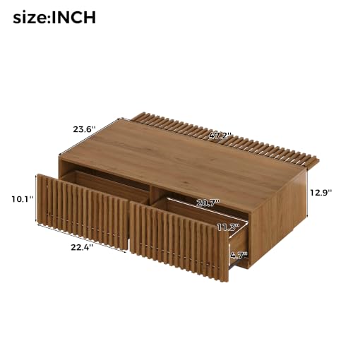47.2" Solid Wood Coffee Table with Storage Drawers, Walnut | Rectangular Center Table, Low Profile Wooden Cocktail Table, Mid Century Farmhouse Tea Table, for Living Room - color: 47.2" Solid Wood Coffee Table, Walnut