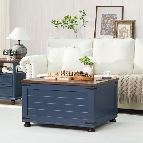 Joaxswe Farmhouse Coffee Table with Hidden Storage, 59 Gallon Square Center Table for Living Room, Rustic Wood Cocktail Tables with Flip-Top Lids, Farm House Tables with Wooden Gourd Feet, Navy Blue - color: Blue, style: With Round Legs