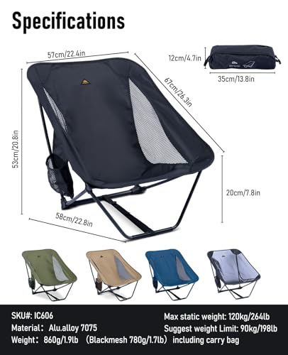 Low Ultralight Compact Folding Chair (Black) | with Side Pocket and Carry Bag, for Camping Backpacking Hiking - color: Black