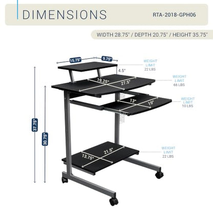 Techni Mobili Rolling Computer Desk Cart w/ Keyboard Tray & Wheels, Black | Locking casters, printer stand, office cart, compact desk, home office, small space computer workstation