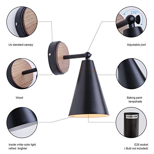 MWZ Rustic Farmhouse Black Metal and Wood Wall Sconce Adjustable Lamp，2 Pack,Rustic Wall Lighting Fixture for Bedroom, Living Room, Headboard, Garage, Porch - color: Wooden and Black