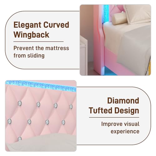 Queen Bed Frame with LED Lights & Charging Station, Upholstered Bed Frame Queen Size with Storage Headboard & 2 Drawers, Diamond Tufted, Curved Wingback, PU Leather, No Box Spring Needed, Pink - color: Pink, size: Queen