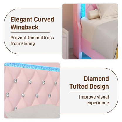 Queen Bed Frame with LED Lights & Charging Station, Upholstered Bed Frame Queen Size with Storage Headboard & 2 Drawers, Diamond Tufted, Curved Wingback, PU Leather, No Box Spring Needed, Pink - color: Pink, size: Queen