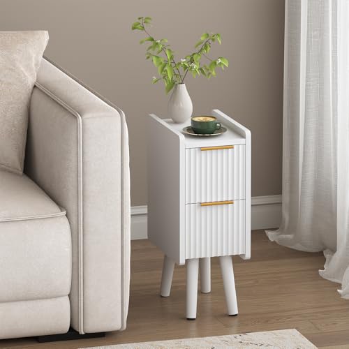 ELYKEN 7.9" Fluted Narrow Nightstand, 20.6" H Skinny Side Table, White | Compact Design for Small Spaces, 2 Drawers, Modern White Finish, Perfect as Bedside Table, End Table or Sofa Side Table - color: White-1 Pcs