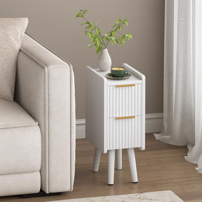 ELYKEN 7.9" Fluted Narrow Nightstand, 20.6" H Skinny Side Table, White | Compact Design for Small Spaces, 2 Drawers, Modern White Finish, Perfect as Bedside Table, End Table or Sofa Side Table - color: White-1 Pcs