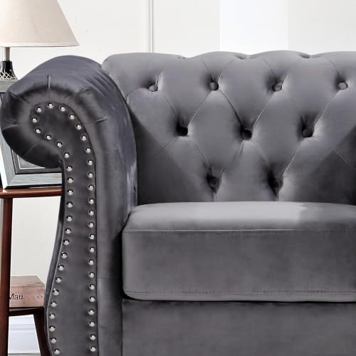 GDFStudio 40.6" Modern Velvet Accent Chair, Chesterfield Upholstered Lounge Chair with Rolled Arms, Comfy Single Sofa Chair with Button Tufted Back & Wood Tapered Legs for Living Room Bedroom, Gray - color: Grey, size: 1 Seat