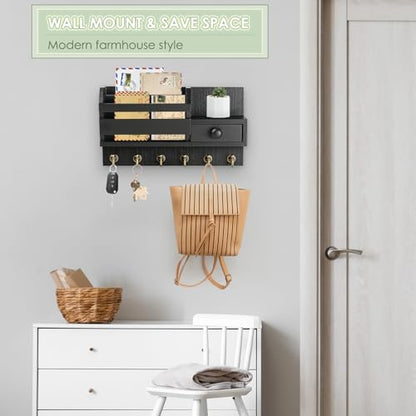 VIS'V Key Holder Wall Mount, Wooden Mail and Key Organizer, Black | Contains Little Drawer, Small Shelf, 2 Slots, 6 Hooks, for Entryway, Hallway, Doorway, Kitchen, Garage, Camper - color: Black
