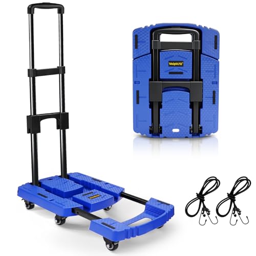 Voipvvii Folding Hand Truck 500lbs, Portable Heavy Duty Dolly Cart, 6 Wheels Collapsible Luggage Cart with 2 Elastic Ropes - Compact Trolley Cart for Easy Moving - Ideal Hand Cart for Travel and More - color: Blue