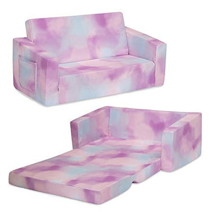 Delta Children Cozee 2-in-1 Sofa, 2-Seater Convertible Toddler Couch Sleeper, Wide 2-in-1 Flip Open Foam Chair for Playroom, Pet-Friendly, Bed Lounger, Comfy Play Sleeping Lounge Chair, Pink Tie Dye - color: Pink Tie Dye