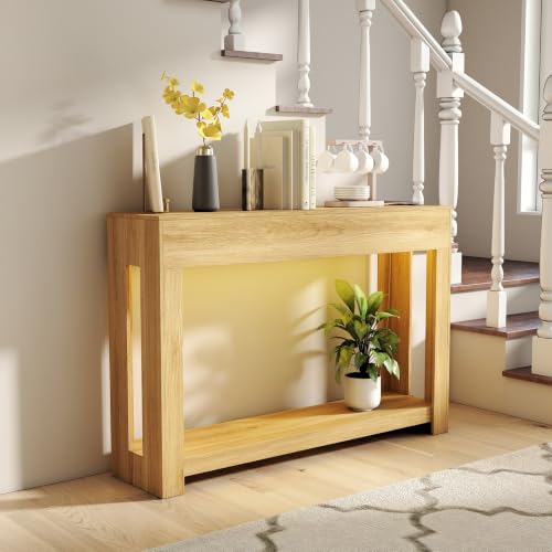 Wood Console Table Entryway：47" Oak Narrow Entryway Table with Outlet | Behind the Couch Tables with LED, Modern Console Tables for Hallway, Living Room