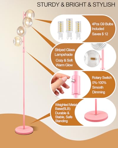 Lightdot 64IN Dimmable Floor Lamp with Globe Clear Glass Shade, Modern Pink Standing Lamps with 4PCS 3000K Bulbs Included,LED Floor Lamp with 5Lbs Heavy Base for Living Room Bedroom//Sofa Beside - color: 4 Clear Globe-Pink