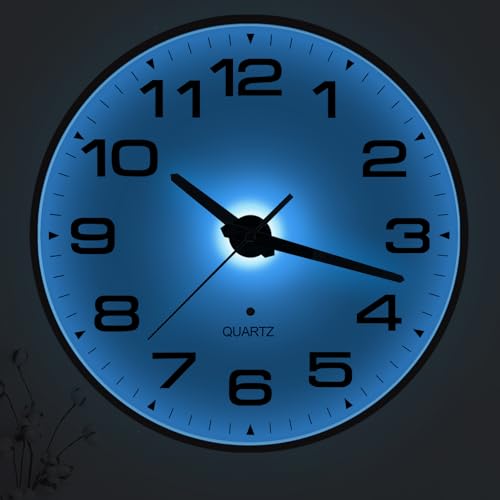JoFomp Lighted Wall Clocks Battery Operated, 10 Inch Wall Clock for Bedroom Night Glow, Night Light Wall Clock Silent, Glow in The Dark Wall Clocks for Living Room Decor, Light Sensor - Auto Lighting - size: 10 Inch