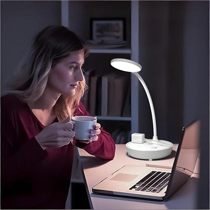 LED Desk Lamp with 2 USB Charging Ports and 2 AC Power Outlets - Adjustable Gooseneck Desk Light with 3 Level Brightness, Eye-Caring Small Table Lamp for Home Office, College Dorm Room Essentials