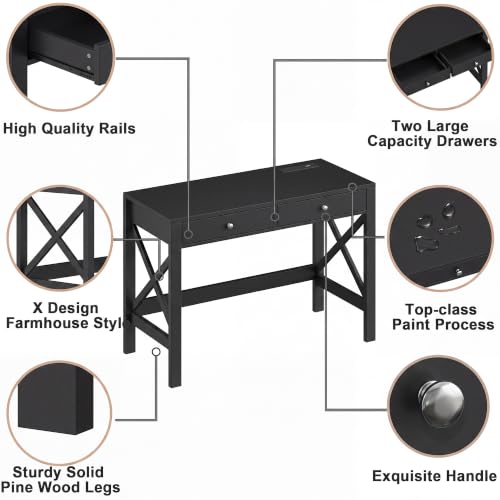ChooChoo 40 Inches Farmhouse Computer Desk with 2 Drawers & Power Outlets | Wooden Writing Desk, Study Desk for Home Office, Makeup Vanity, Black - color: Black, size: 40inch with Power Outlet