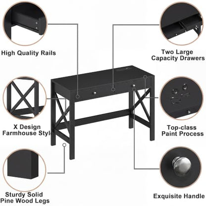 ChooChoo 40 Inches Farmhouse Computer Desk with 2 Drawers & Power Outlets | Wooden Writing Desk, Study Desk for Home Office, Makeup Vanity, Black - color: Black, size: 40inch with Power Outlet