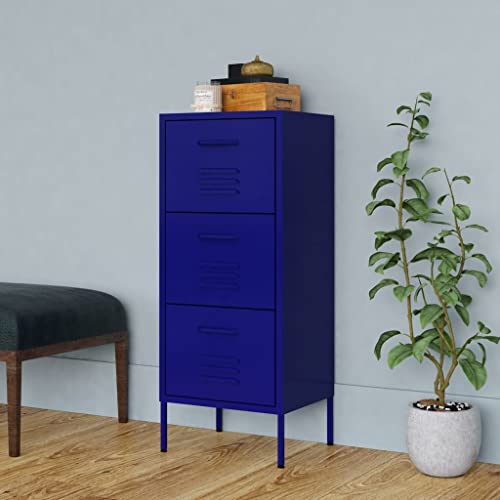 Navy Blue Metal Storage Cabinet, 3-Drawer Steel Organizer | Heavy-duty steel end table featuring ball-bearing glides and leveling feet for home office or living room layout. - color: Blue, size: Medium