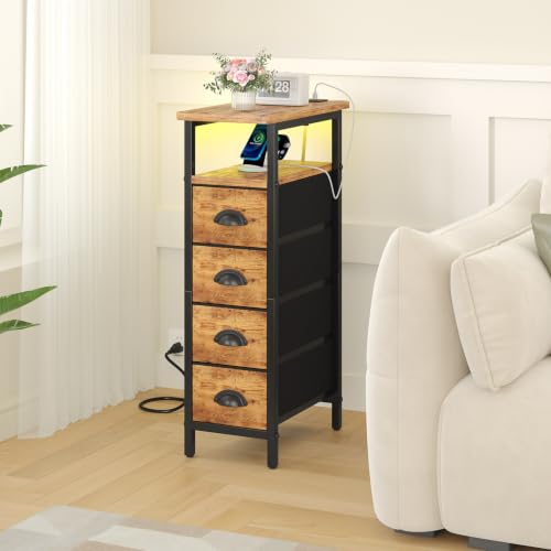 sthmec Nightstand Set 2 with Charging Station, Narrow End Table Set of 2 with 4 Drawers, LED Side Table with Fabric Drawers,Slim Sofa Couch Tables for Small Spaces,Living Room,Bedroom,Rustics Brown - color: Rustic Brown, style: Power & LED
