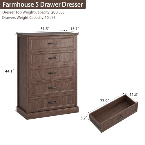 CARPETNAL Farmhouse 5 Drawer Dresser for Bedroom, 44" Tall Brown Dresser. | Wood Rustic Chest of Drawers with Wide Metal Handle,Drawer Organizer for Bedroom,Living Room,Hallway and Entryway - color: Brown, size: 16"D x 44"W x 31"H (5 Drawers)