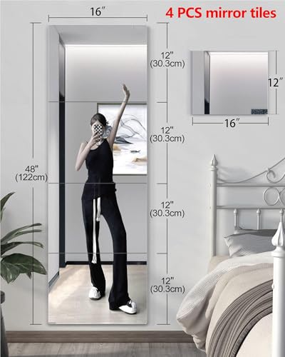 Unbreakable Full Length Mirror for Wall Mounted, 16 x 12 Inches x 4 Pack, Over The Door Mirrors, Full Body Safe Shatterproof Mirror for Kids, Long Workout Mirrors for Home Gym, Plastic Acrylic Bedroom - size: 48"L x 16"W