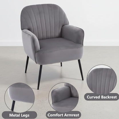 GDFStudio 25" Velvet Accent Chair with Arms and Back, Modern Shell-Shaped Upholstered Barrel Chairs, Small Comfy Reading Chair Lounge Chairs with Solid Legs for Living Room Bedroom Office Cafe, Grey - color: Grey