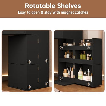 HAUOMS Vanity Desk with Mirror Lights, Storage Bench & Power Outlet, Black | Rotating Cabinet with 6 Shelves, 2 Drawers, 3 Light Settings, Touch Control Mirror, Space Saving for Women Girls - style: Modern Black