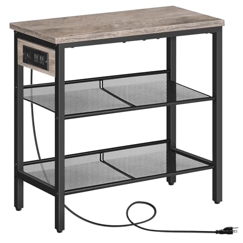 HOOBRO End Table, 3-Tier Narrow Side Table with Charging Station, Nightstand with 2 Flat or Slant Adjustable Shelves for Small Spaces, Living Room, Bedroom, Greige and Black BG23UBZ01G1 - color: Greige + Black