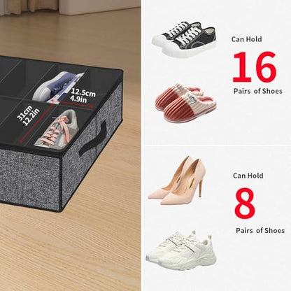 Onlyeasy Sturdy Under Bed Shoe Storage Organizer with Handles and Clear Window Fit 16 to 32 Pairs, Premium Foldable Shoes Container Box for Closet, 37.7x 23.6x 5.9 inch, Cotton-like Black, MXBUBS16P2 - color: 2 Shoes (16+16 Cells) Cotton-like Black